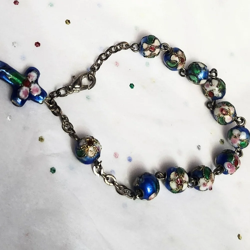 Vtg Cloissone Cloisonne Blue Enamel Rosary Cross Prayer Bead Bracelet - Picture 4 of 4